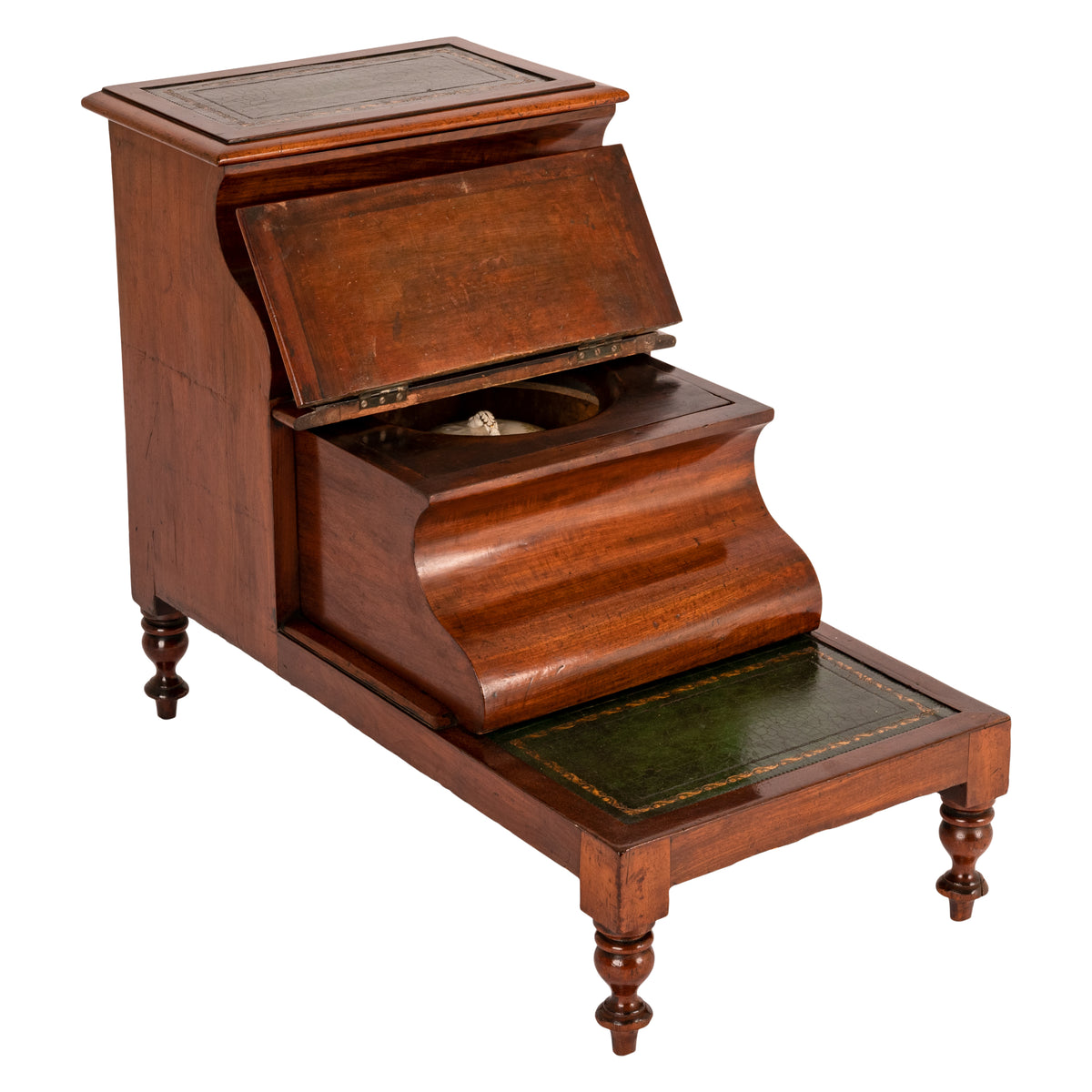 Antique 19th Century Mahogany Tooled & Gilded Leather Library Steps Commode, Circa 1860