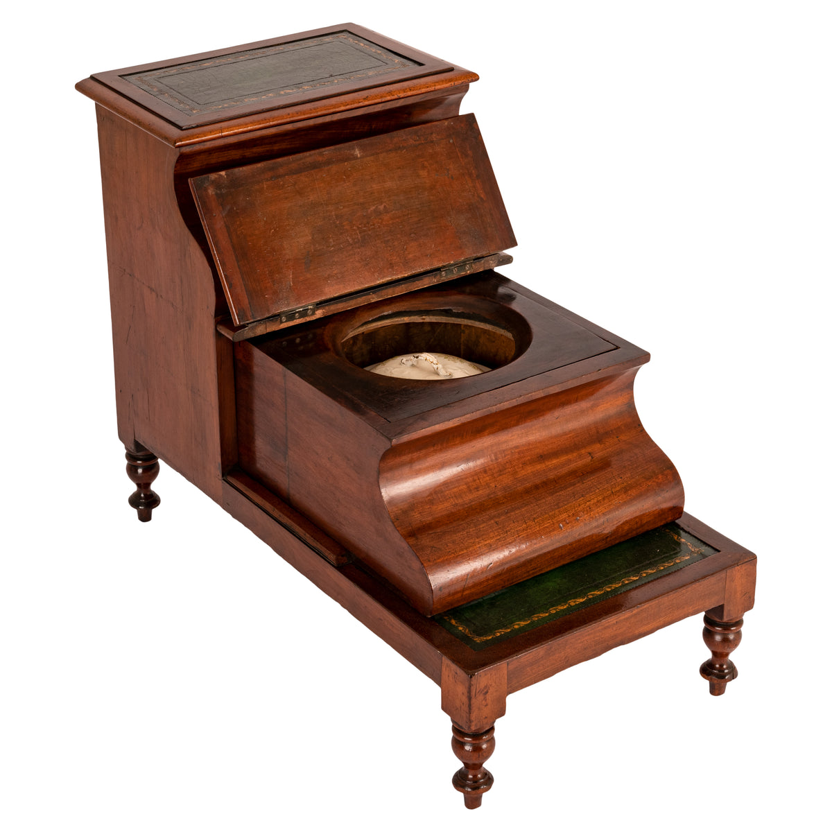 Antique 19th Century Mahogany Tooled & Gilded Leather Library Steps Commode, Circa 1860