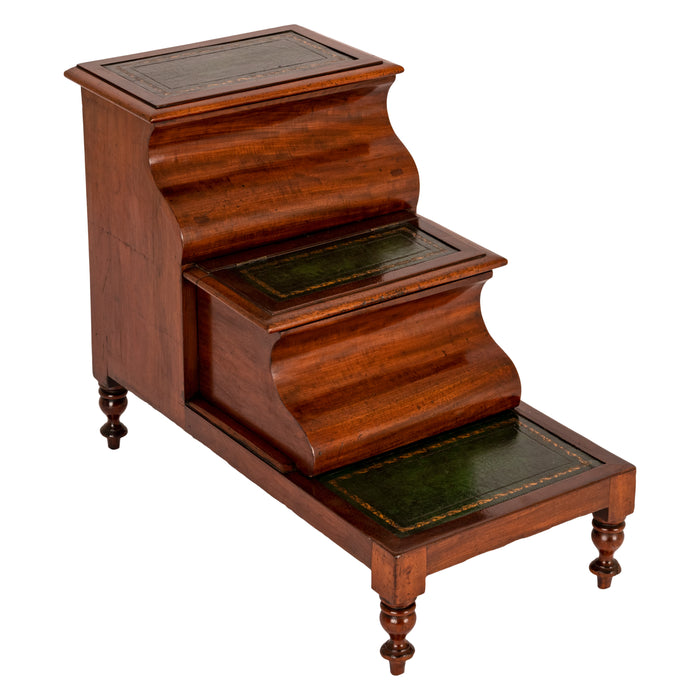 Antique 19th Century Mahogany Tooled & Gilded Leather Library Steps Commode, Circa 1860