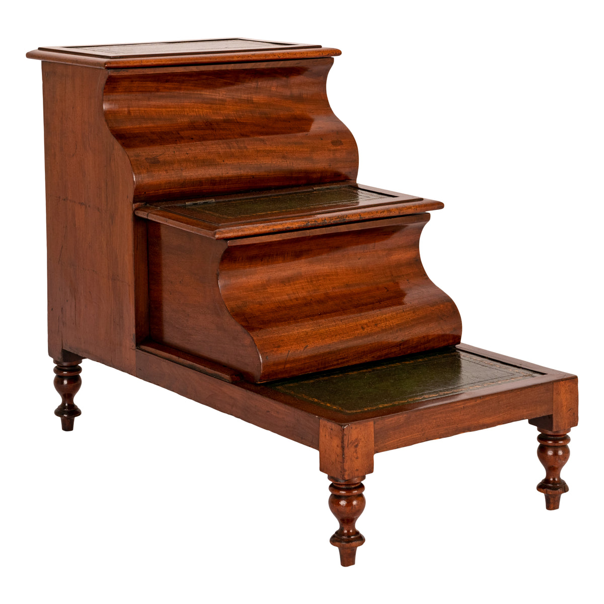 Antique 19th Century Mahogany Tooled & Gilded Leather Library Steps Commode, Circa 1860