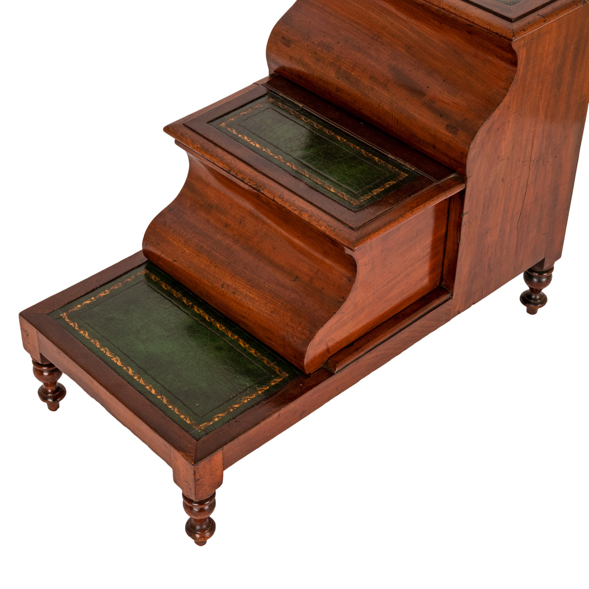 Antique 19th Century Mahogany Tooled & Gilded Leather Library Steps Commode, Circa 1860