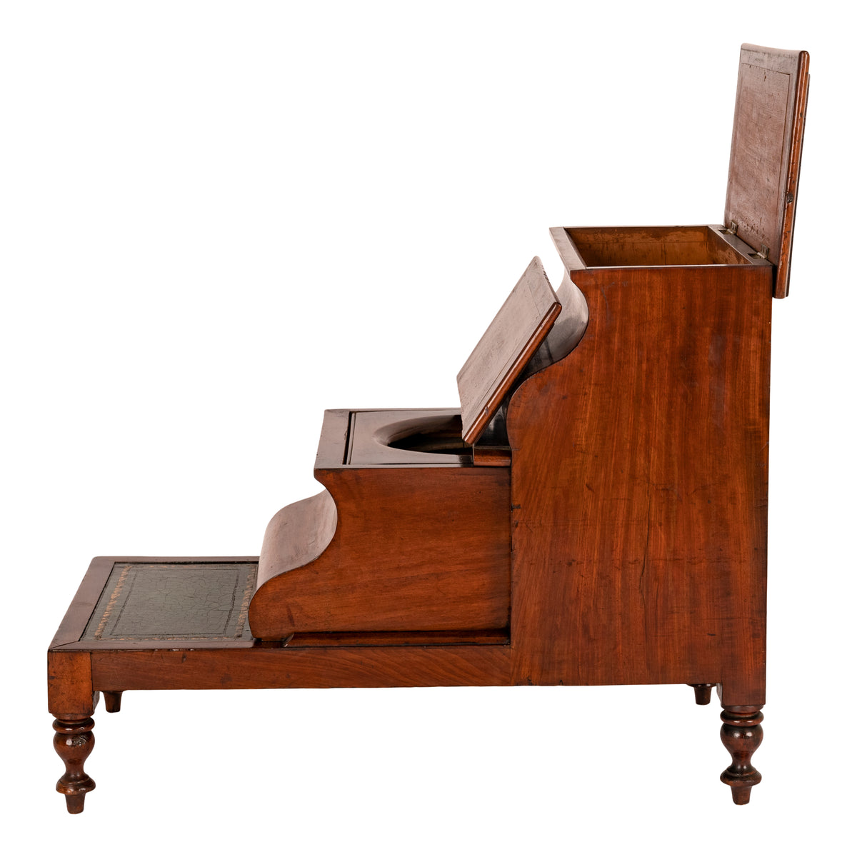 Antique 19th Century Mahogany Tooled & Gilded Leather Library Steps Commode, Circa 1860
