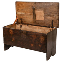 Antique Tudor Elizabethan Henry VIII Oak Sword Six Plank Coffer Chest Trunk, Circa 1540