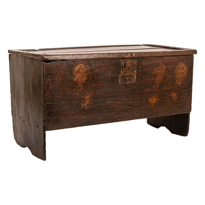 Antique Tudor Elizabethan Henry VIII Oak Sword Six Plank Coffer Chest Trunk, Circa 1540