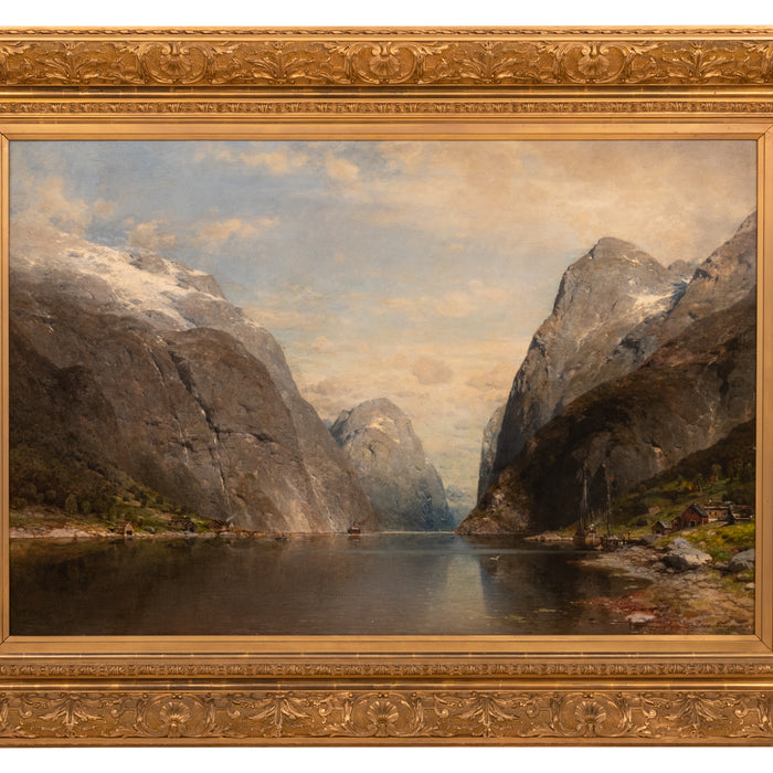 Large Antique German Oil on Canvas Norwegian Fjord Landscape Scene Karl Julius Rose 1890