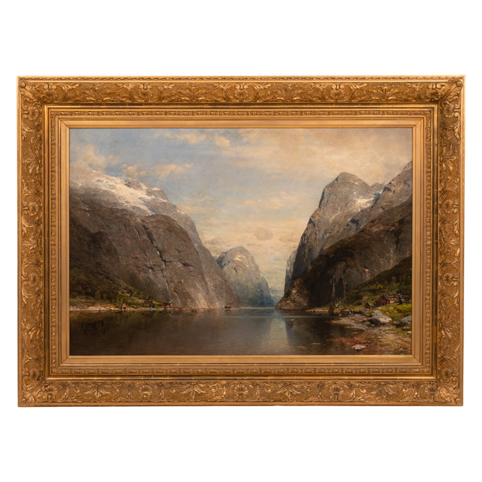 Large Antique German Oil on Canvas Norwegian Fjord Landscape Scene Karl Julius Rose 1890