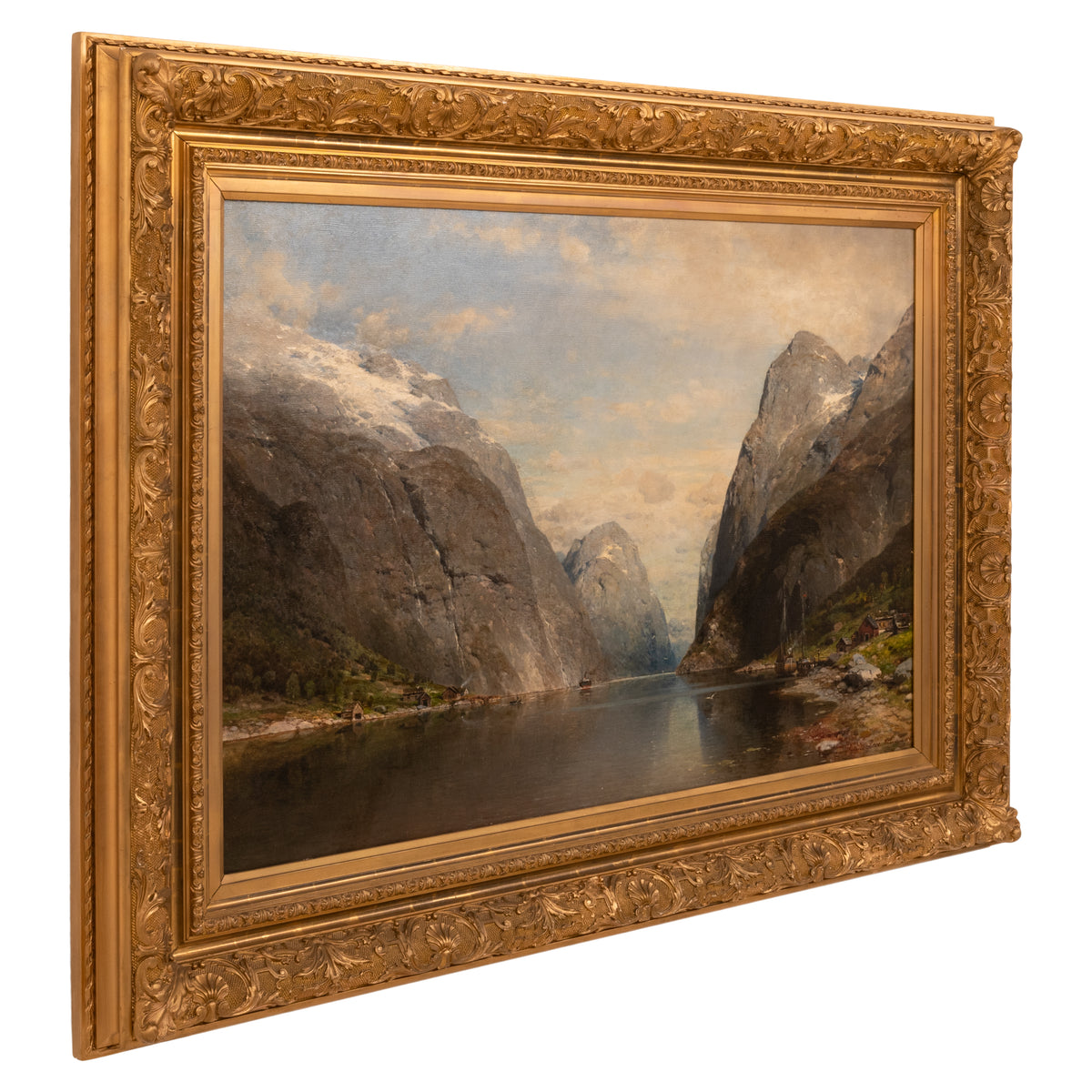 Large Antique German Oil on Canvas Norwegian Fjord Landscape Scene Karl Julius Rose 1890