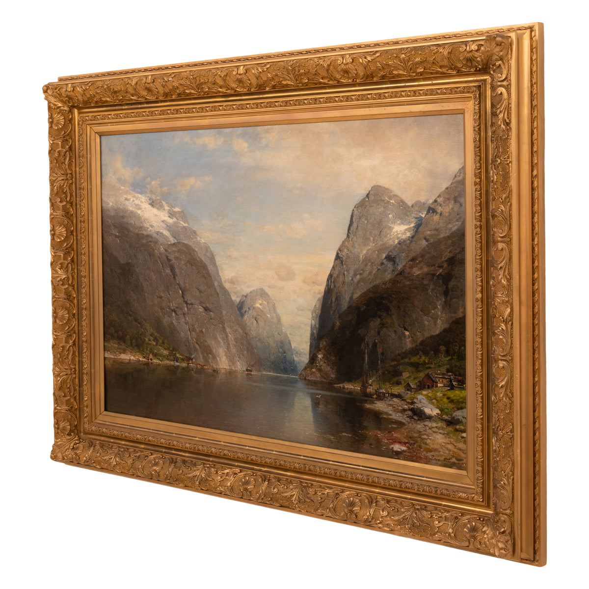 Large Antique German Oil on Canvas Norwegian Fjord Landscape Scene Karl Julius Rose 1890