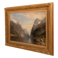 Large Antique German Oil on Canvas Norwegian Fjord Landscape Scene Karl Julius Rose 1890