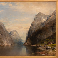 Large Antique German Oil on Canvas Norwegian Fjord Landscape Scene Karl Julius Rose 1890