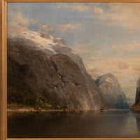 Large Antique German Oil on Canvas Norwegian Fjord Landscape Scene Karl Julius Rose 1890