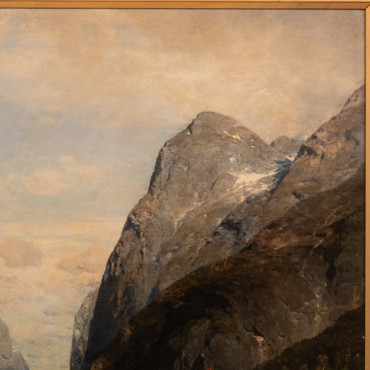 Large Antique German Oil on Canvas Norwegian Fjord Landscape Scene Karl Julius Rose 1890