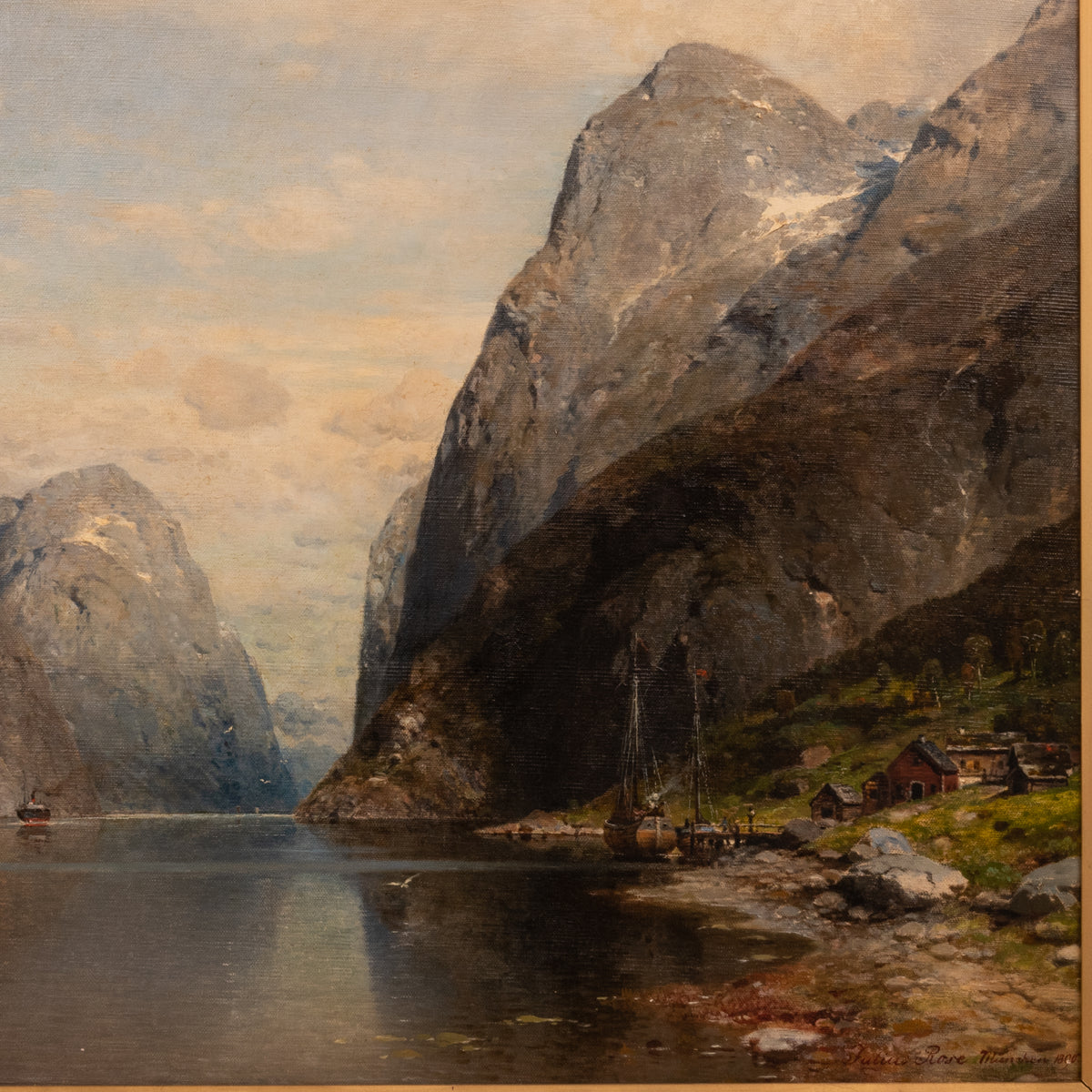 Large Antique German Oil on Canvas Norwegian Fjord Landscape Scene Karl Julius Rose 1890