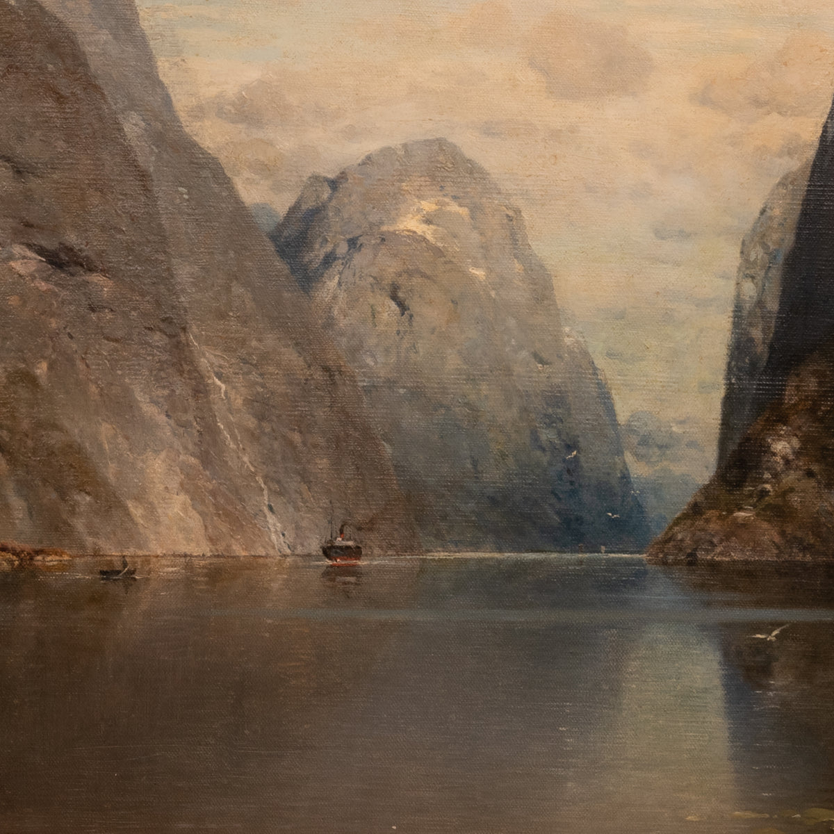 Large Antique German Oil on Canvas Norwegian Fjord Landscape Scene Karl Julius Rose 1890