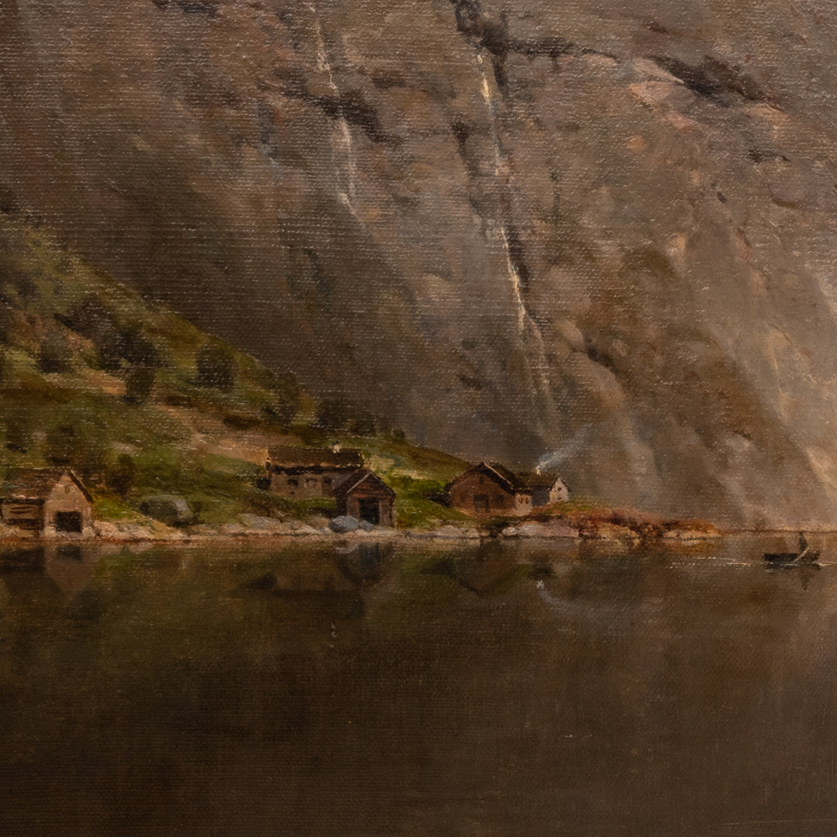 Large Antique German Oil on Canvas Norwegian Fjord Landscape Scene Karl Julius Rose 1890