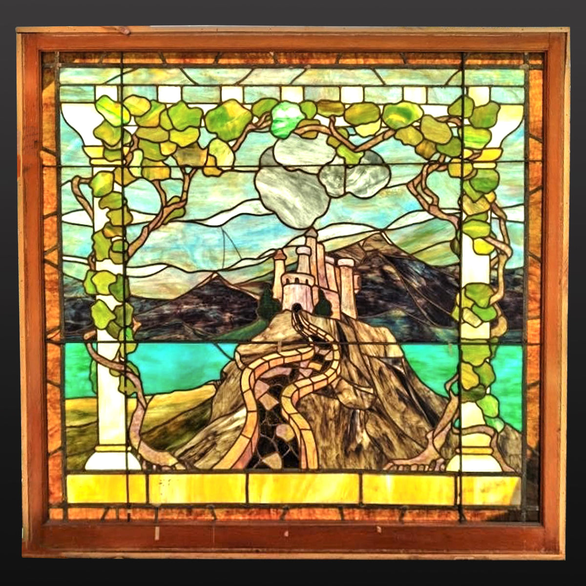 Antique Tiffany Studios Henry Keck Leaded Art Glass Monumental Landscape Window New York, Circa 1910