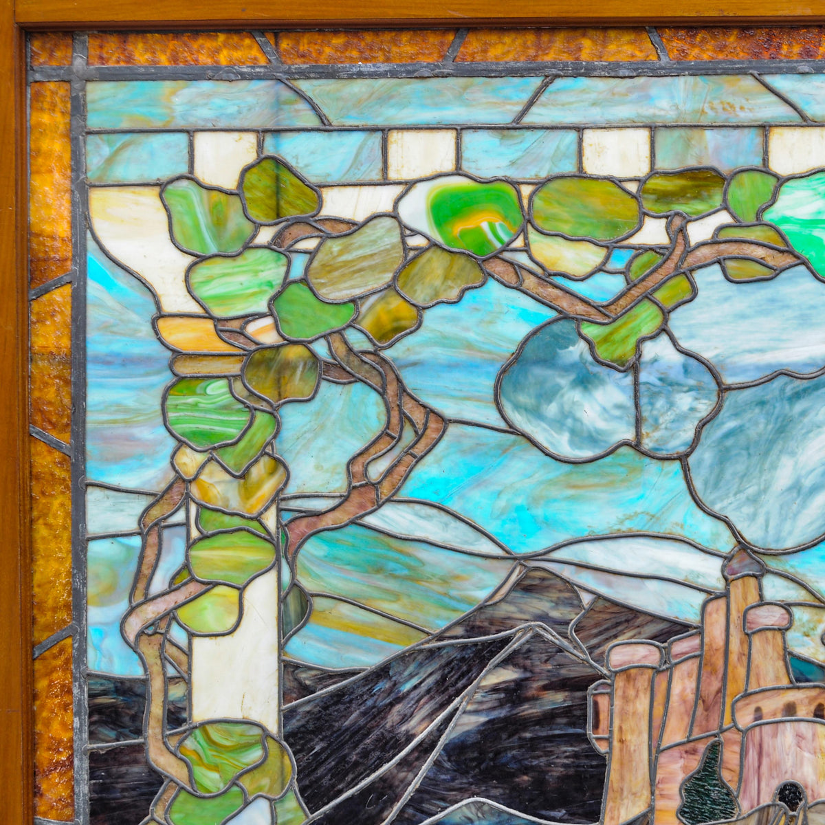 Antique Tiffany Studios Henry Keck Leaded Art Glass Monumental Landscape Window New York, Circa 1910