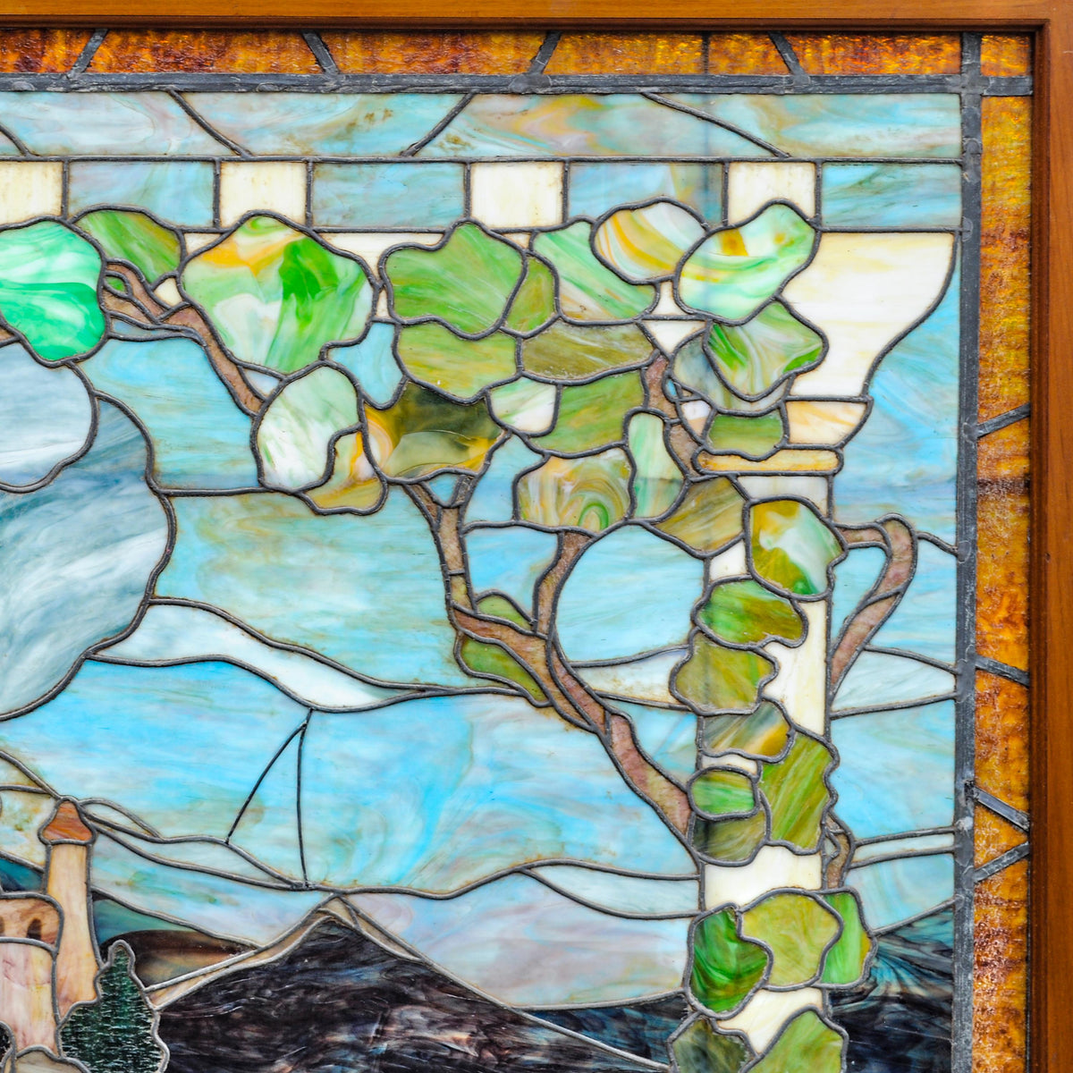 Antique Tiffany Studios Henry Keck Leaded Art Glass Monumental Landscape Window New York, Circa 1910