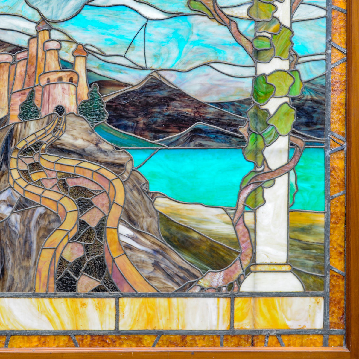 Antique Tiffany Studios Henry Keck Leaded Art Glass Monumental Landscape Window New York, Circa 1910
