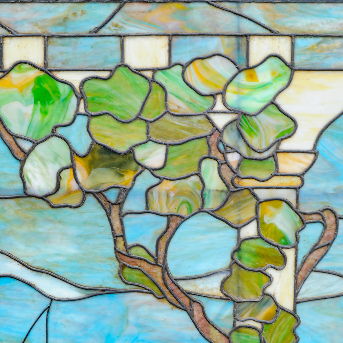 Antique Tiffany Studios Henry Keck Leaded Art Glass Monumental Landscape Window New York, Circa 1910