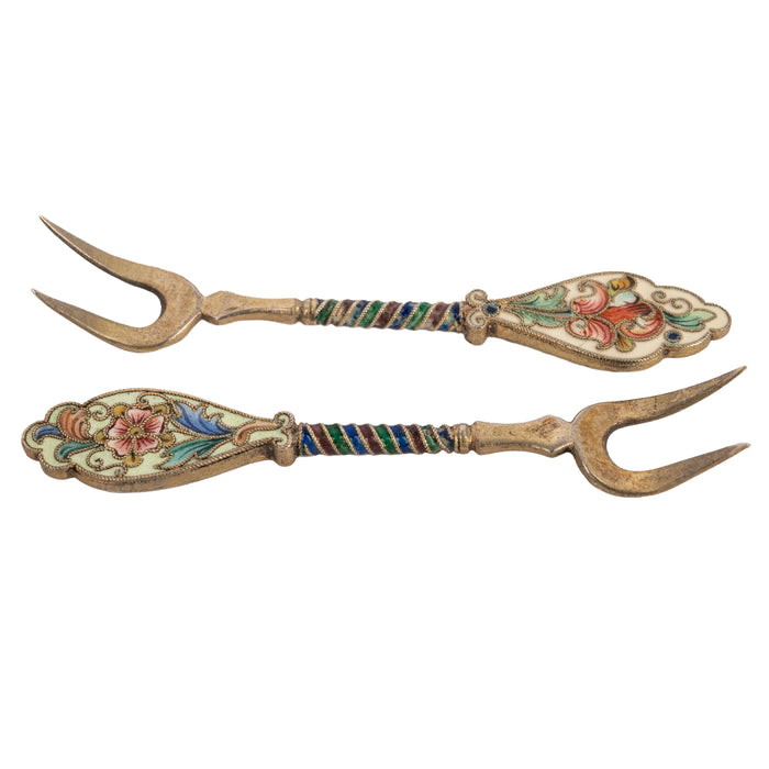 Pair Antique Imperial Russian Silver Gilt Cloisonne Forks Feodor Ruckert Faberge, Circa 1910
