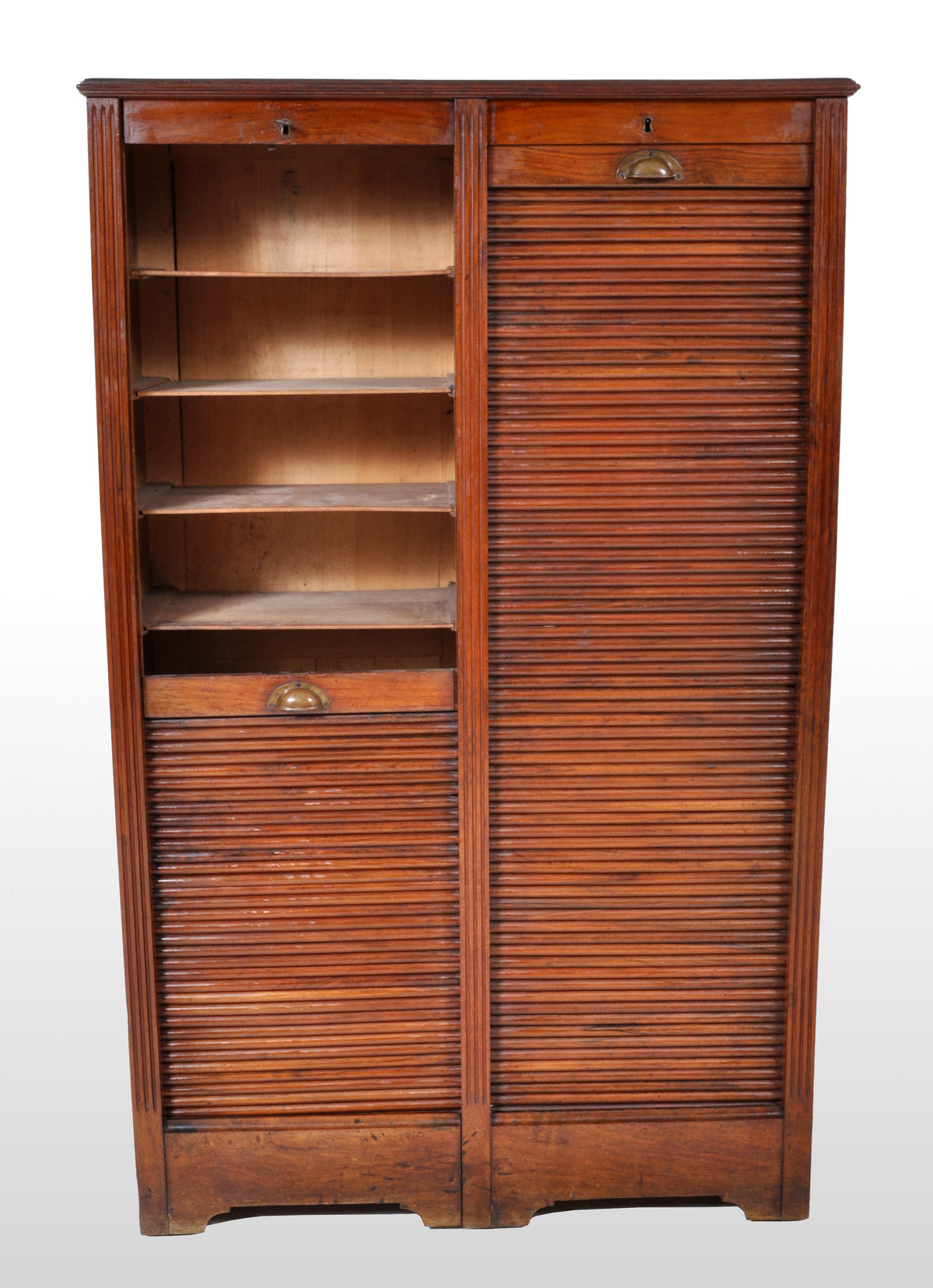 Antique French Walnut Twin/Double Tambour Fronted Roll-Top Filing Cabinet, circa 1910