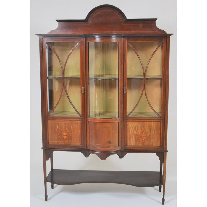 Antique English Edwardian Sheraton Revival Inlaid Mahogany China Cabinet, Circa 1895