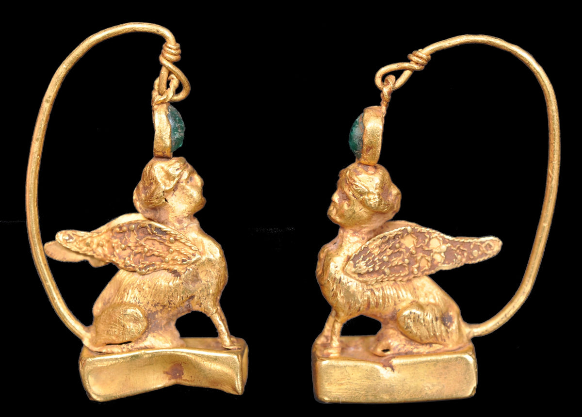Pair of Ancient Greek Gold Sphinx Earrings, Helenistic Period, circa 3rd-2nd Century BCE