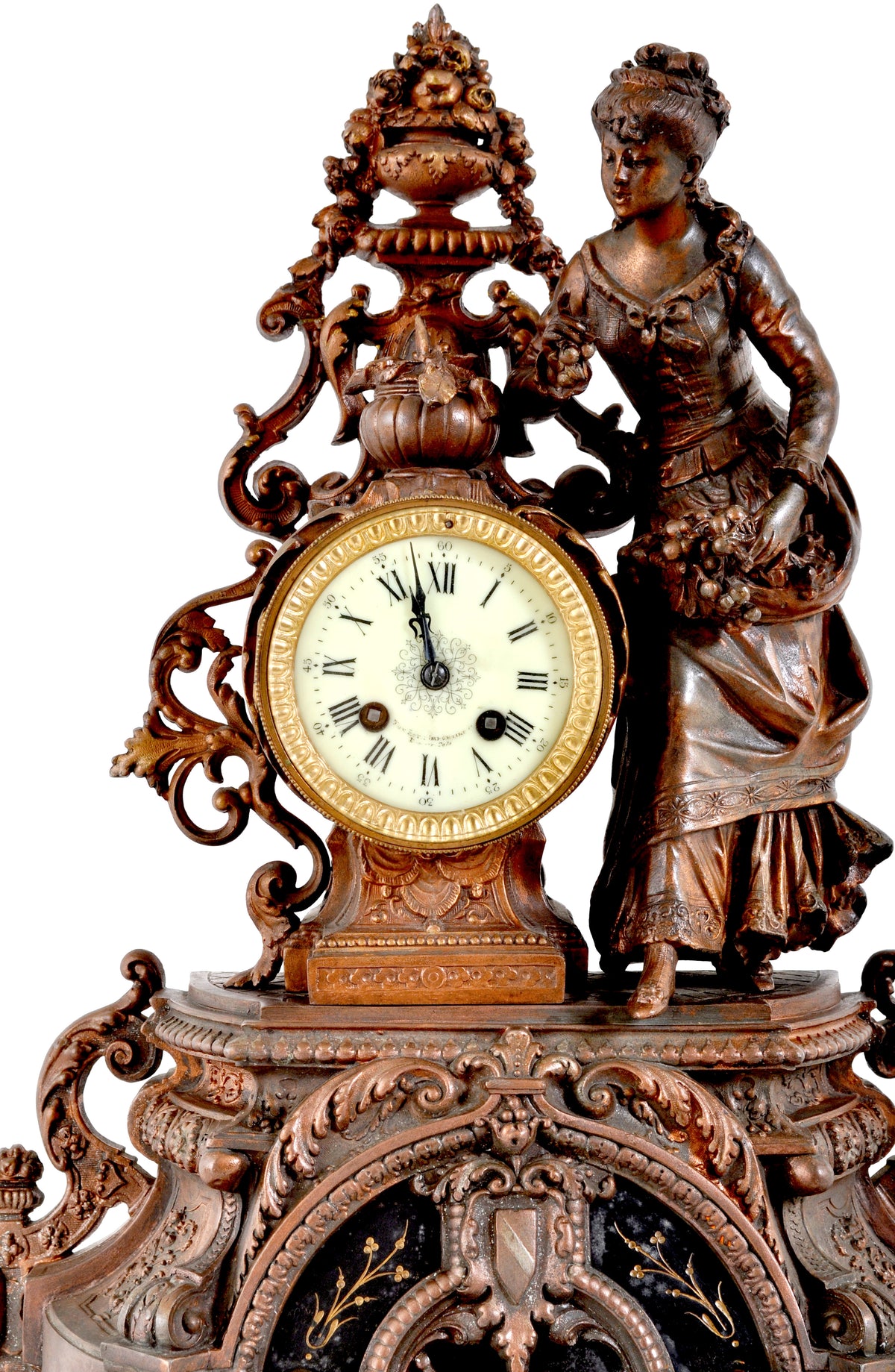 Antique French Rococo Style Bronze Figural 8-Day Movement Clock, circa 1895