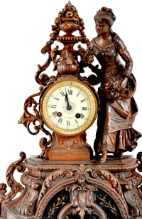 Antique French Rococo Style Bronze Figural 8-Day Movement Clock, circa 1895