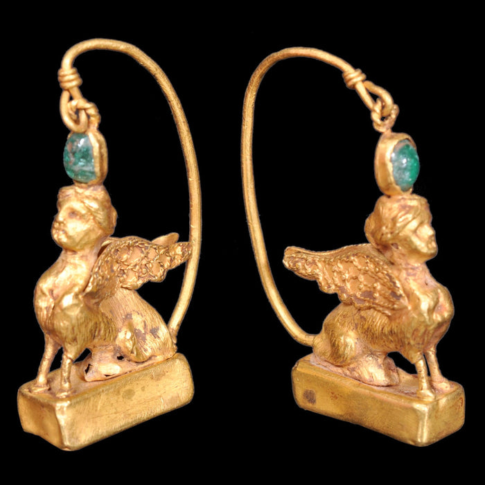 Pair of Ancient Greek Gold Sphinx Earrings, Helenistic Period, circa 3rd-2nd Century BCE