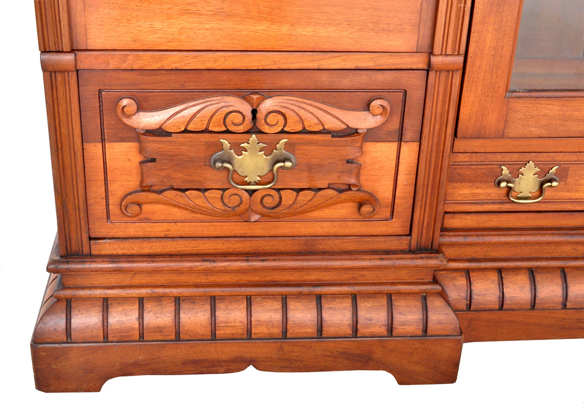 Antique American Eastlake Walnut Breakfront Bookcase / Hutch / Cabinet, Circa 1890