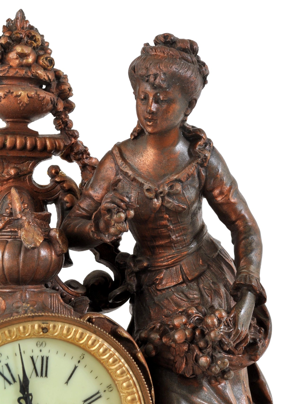 Antique French Rococo Style Bronze Figural 8-Day Movement Clock, circa 1895