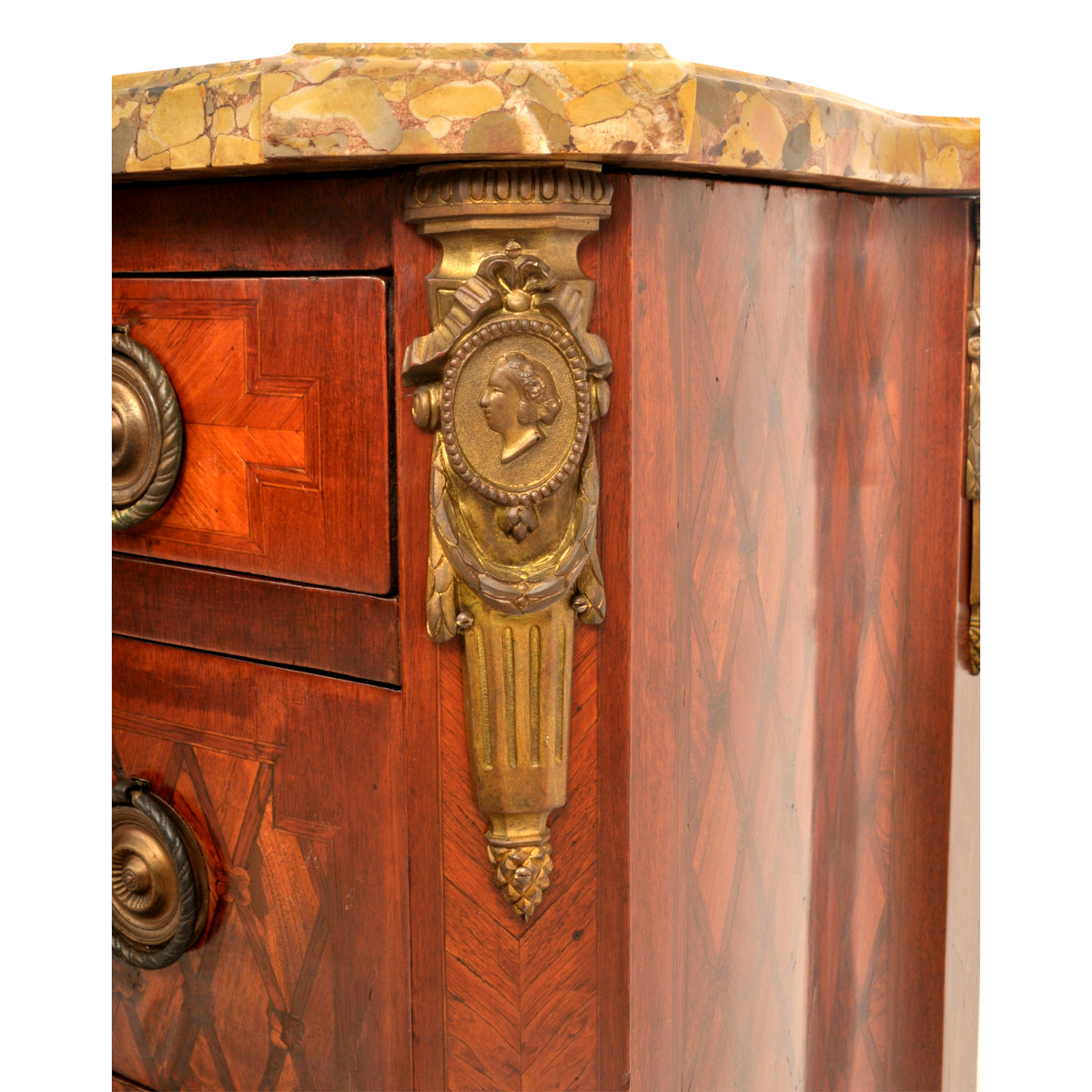 Antique French Louis XV Inlaid Parquetry Ormolu Marble Top Commode / Chest, circa 1780