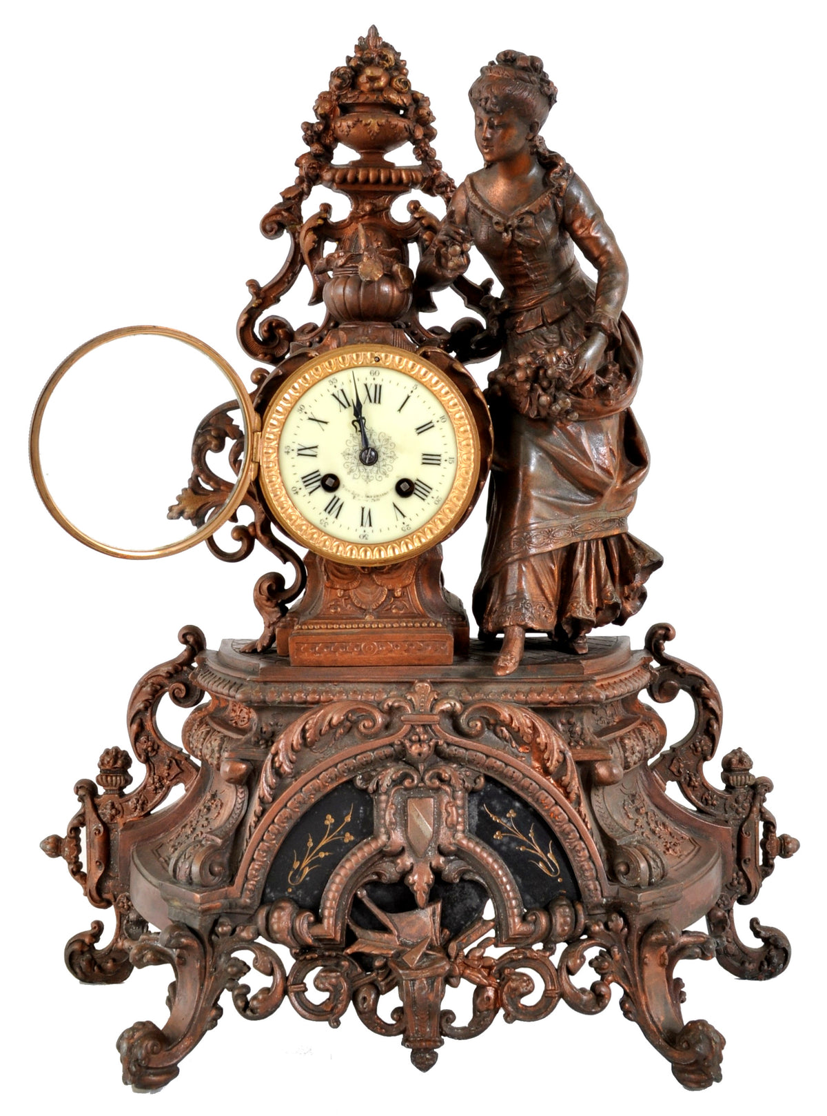 Antique French Rococo Style Bronze Figural 8-Day Movement Clock, circa 1895