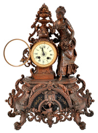 Antique French Rococo Style Bronze Figural 8-Day Movement Clock, circa 1895