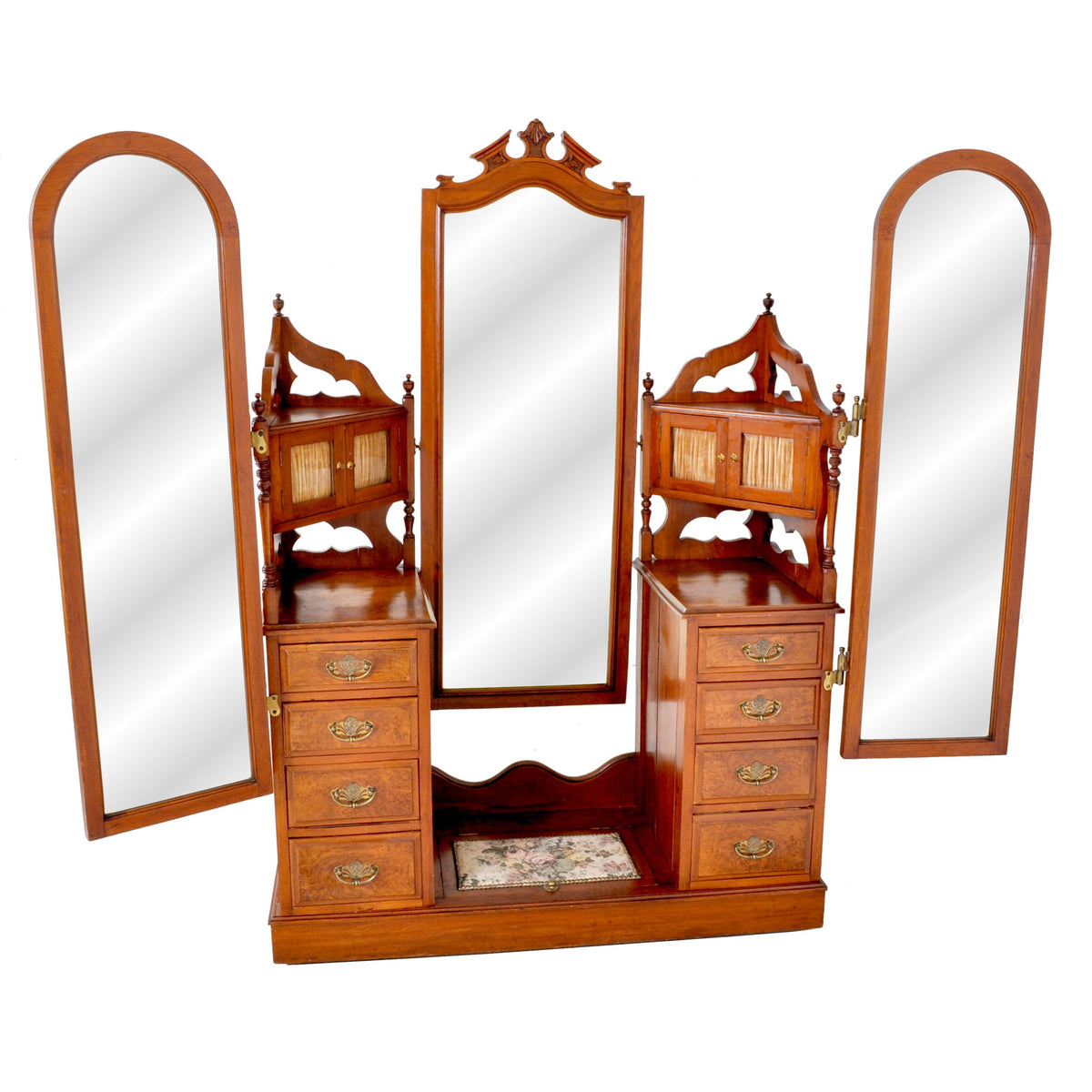 Antique Victorian Walnut Triple Mirror Twin Pedestal Dressing Table / Princess Vanity Chest, circa 1870