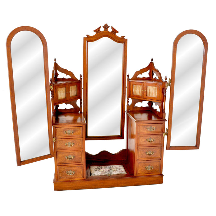 Antique Victorian Walnut Triple Mirror Twin Pedestal Dressing Table / Princess Vanity Chest, circa 1870