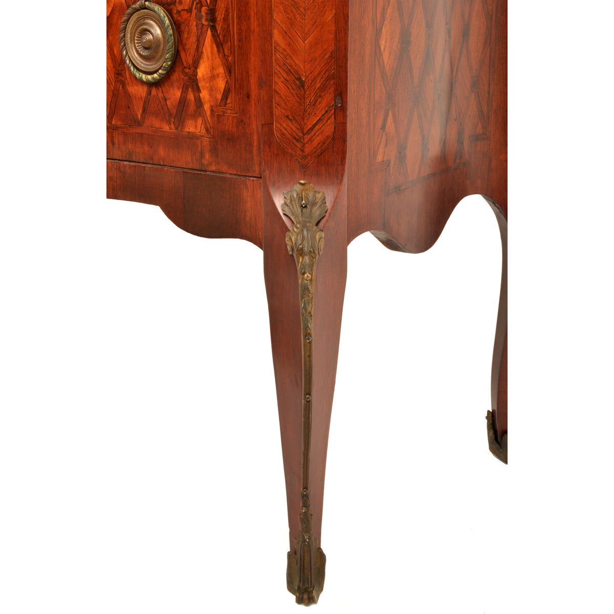 Antique French Louis XV Inlaid Parquetry Ormolu Marble Top Commode / Chest, circa 1780