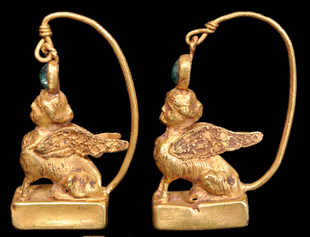 Pair of Ancient Greek Gold Sphinx Earrings, Helenistic Period, circa 3rd-2nd Century BCE