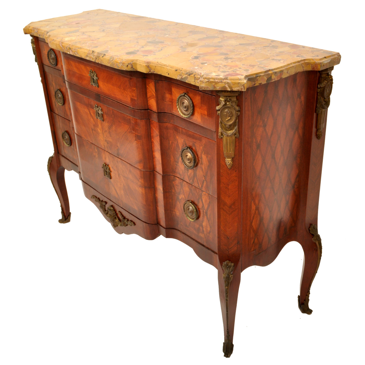 Antique French Louis XV Inlaid Parquetry Ormolu Marble Top Commode / Chest, circa 1780