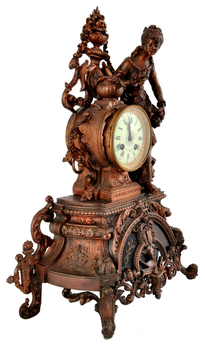Antique French Rococo Style Bronze Figural 8-Day Movement Clock, circa 1895