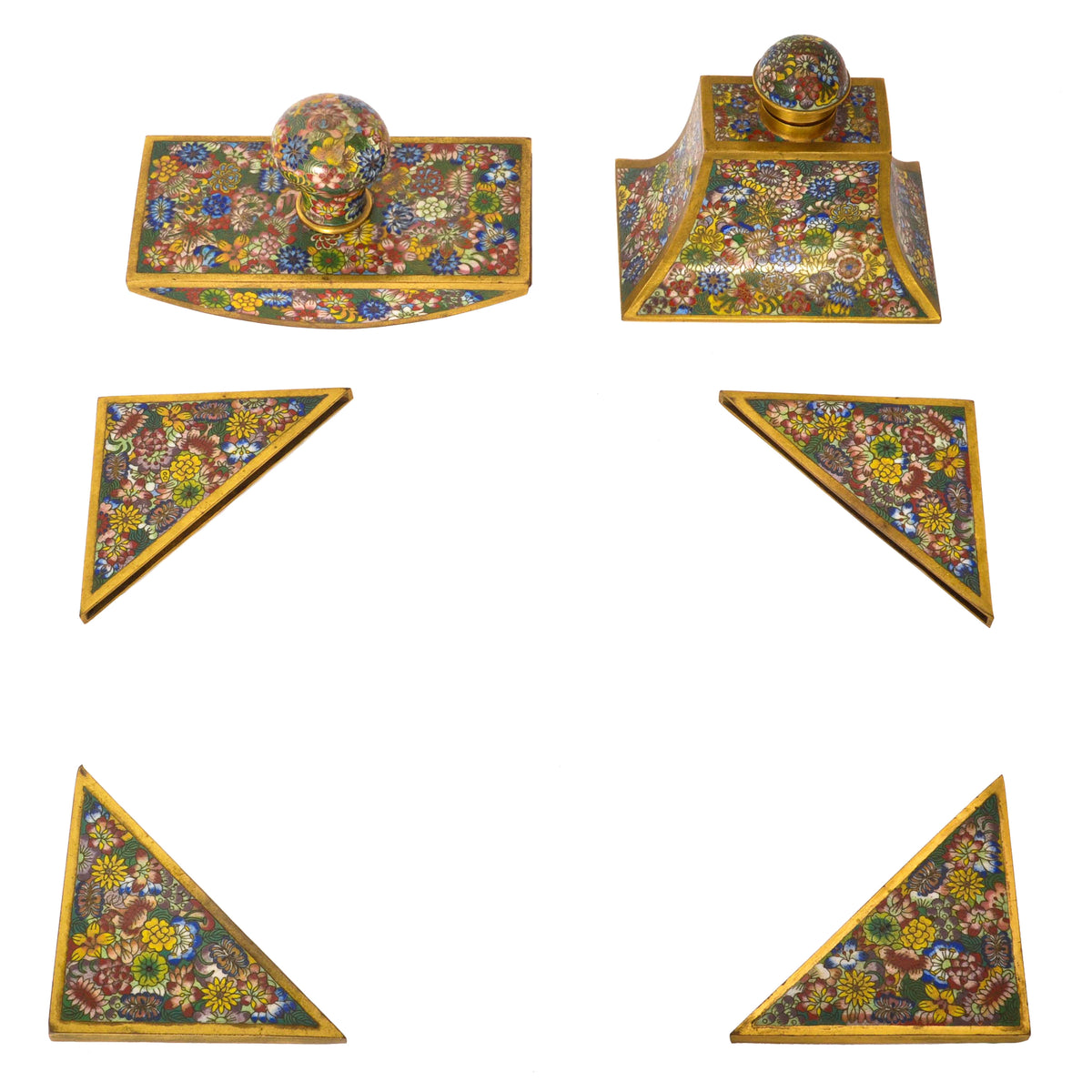 Antique Chinese Qing Enamel Mille Fleur Cloisonné Desk Writing Set Inkwell, Circa 1900