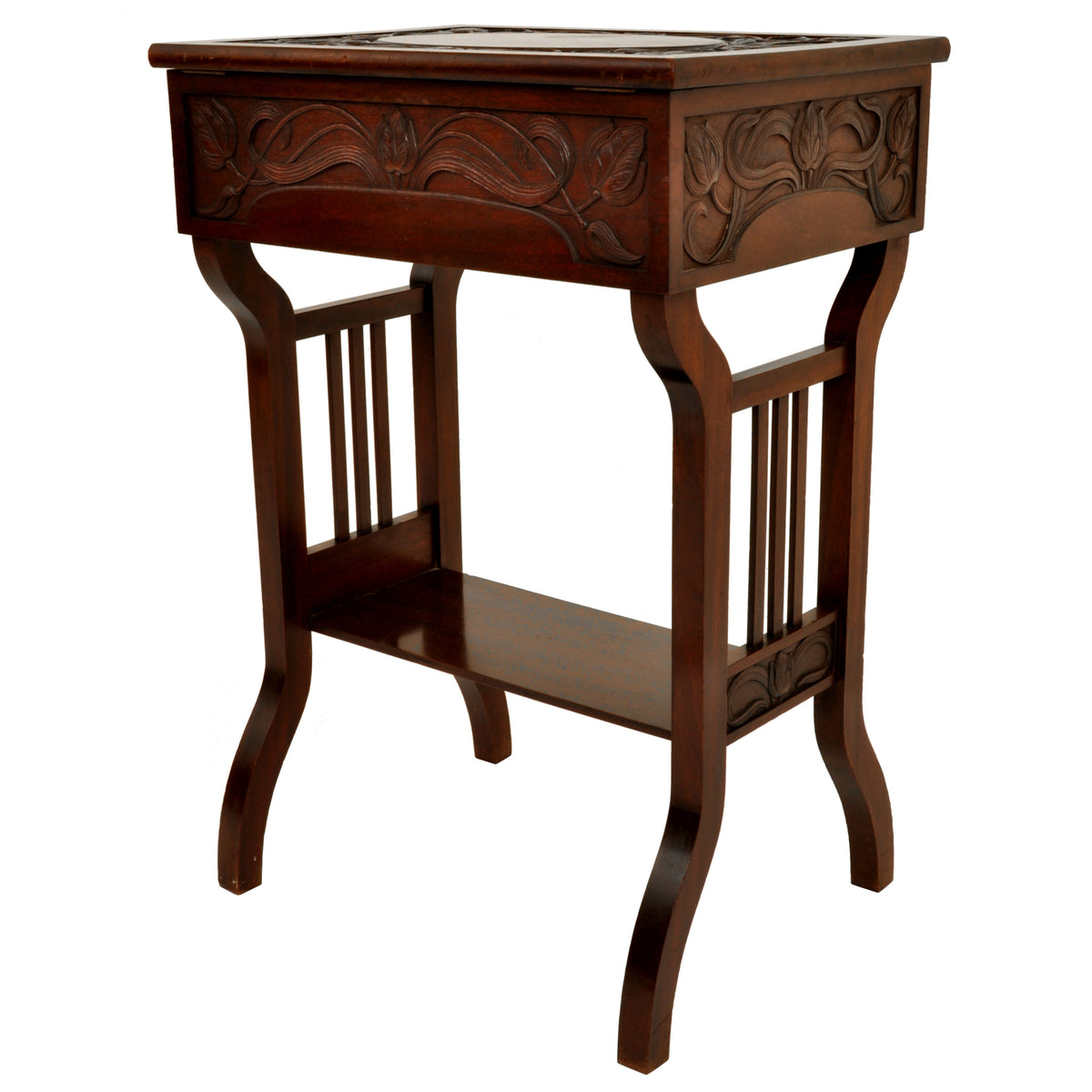 Antique Art Nouveau Scottish Arts & Crafts Carved Walnut Sewing Work Table, circa 1900