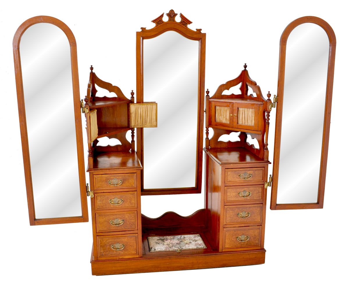 Antique Victorian Walnut Triple Mirror Twin Pedestal Dressing Table / Princess Vanity Chest, circa 1870