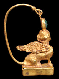 Pair of Ancient Greek Gold Sphinx Earrings, Helenistic Period, circa 3rd-2nd Century BCE