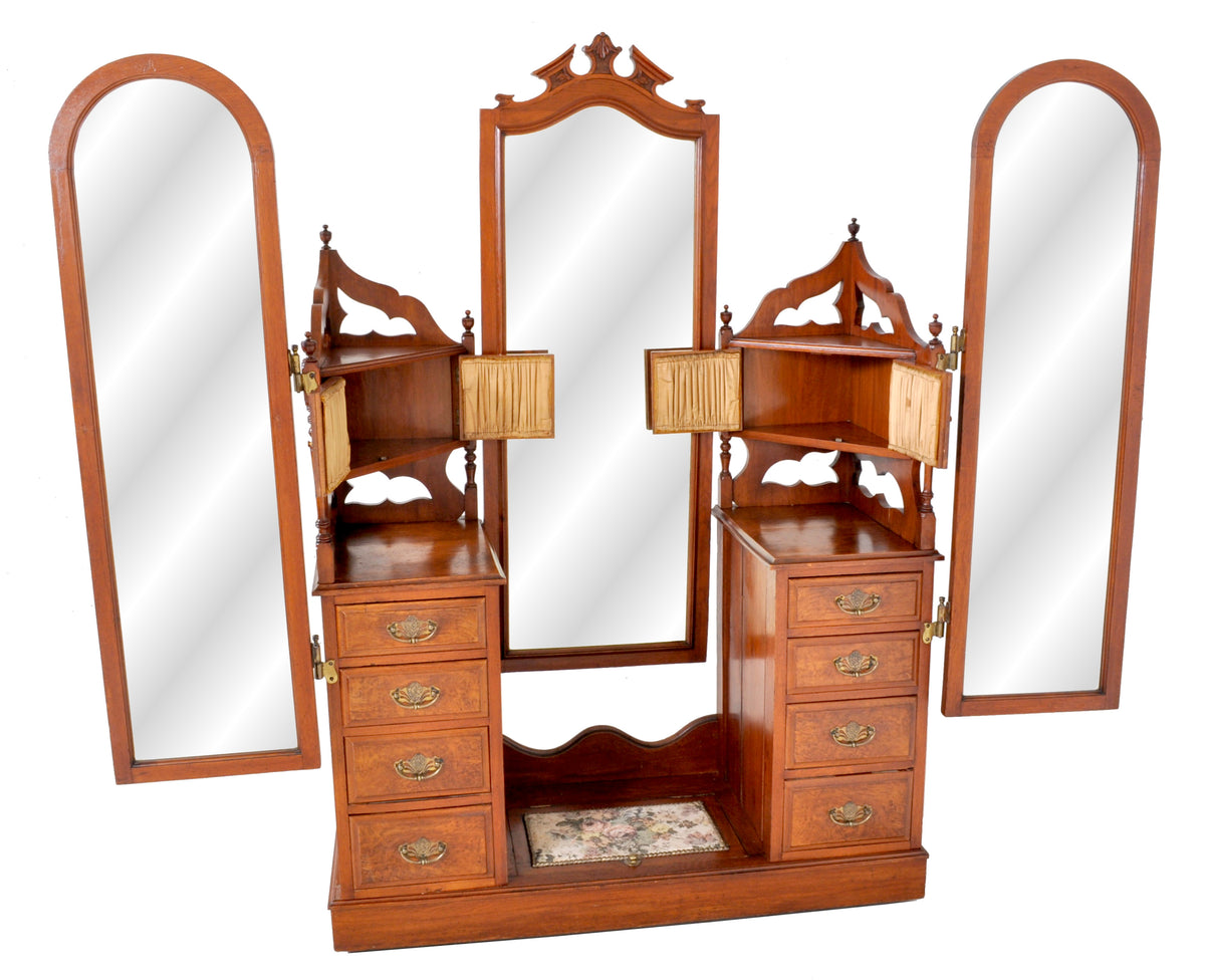 Antique Victorian Walnut Triple Mirror Twin Pedestal Dressing Table / Princess Vanity Chest, circa 1870