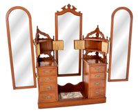 Antique Victorian Walnut Triple Mirror Twin Pedestal Dressing Table / Princess Vanity Chest, circa 1870