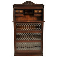 Antique Arts & Crafts Carved Oak Lawyer's / Barrister's Bookcase / Desk, Leaded Glass, circa 1900