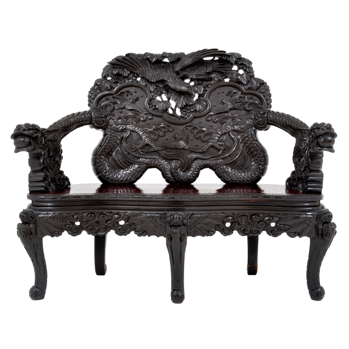 Antique Chinese Qing Dynasty Carved Rosewood Dragon Loveseat / Sofa / Bench, Circa 1890
